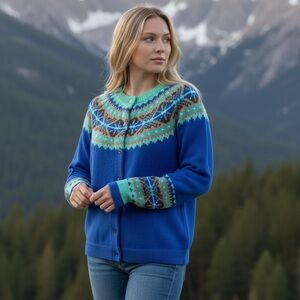 Talbots Lambswool Blend Fair Isle Cardigan Sweater Blue Nordic Knit, L